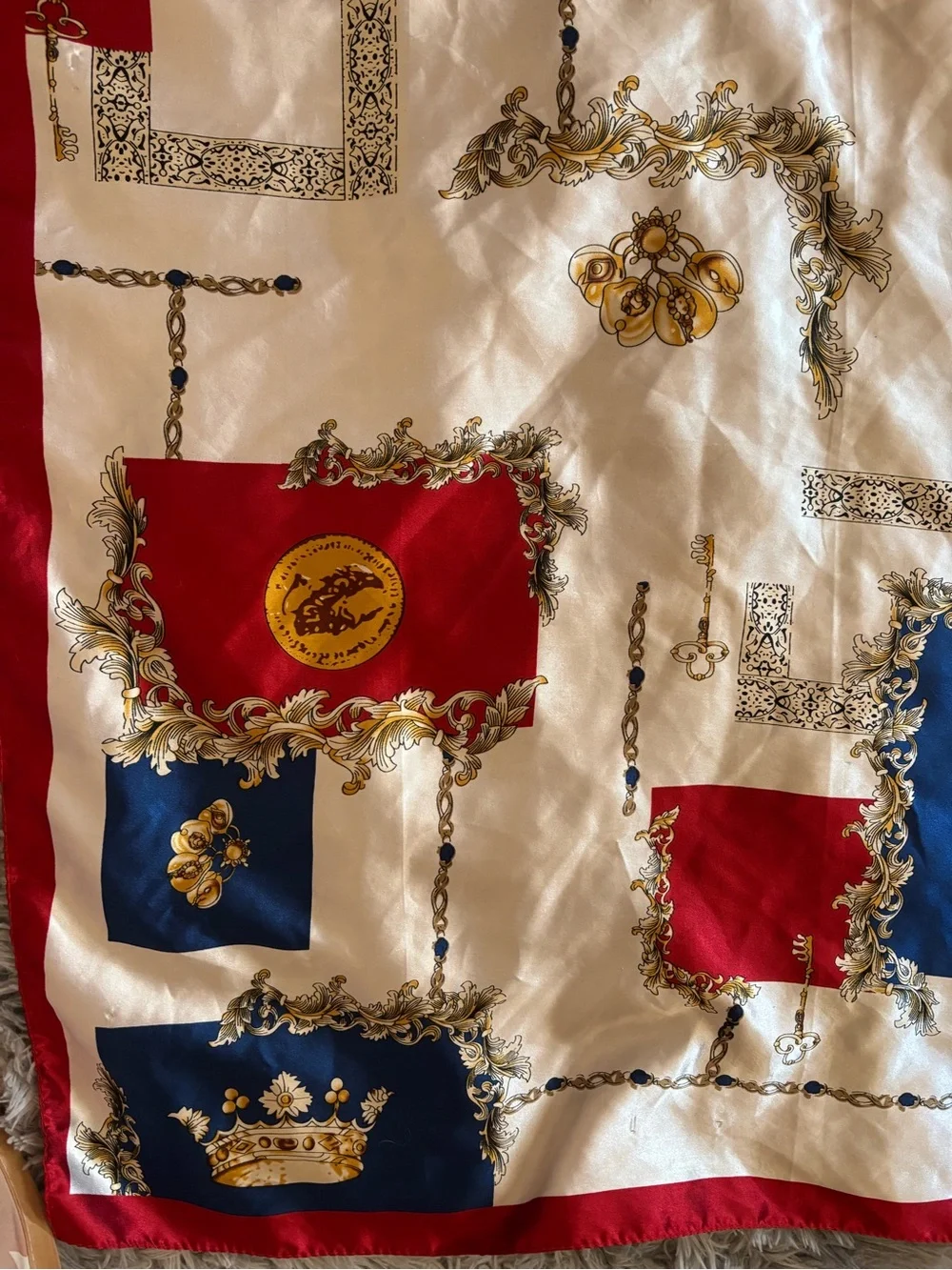 Red, Navy & Cream Decorative Silk Scarf